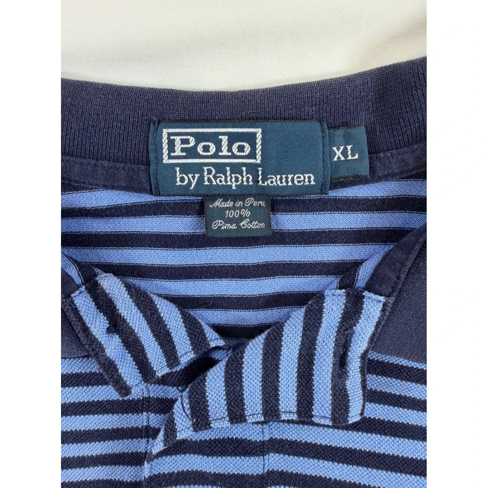 Polo Ralph Lauren Mens XL 100% Pima Cotton Striped Polo Blue Navy Short Sleeve